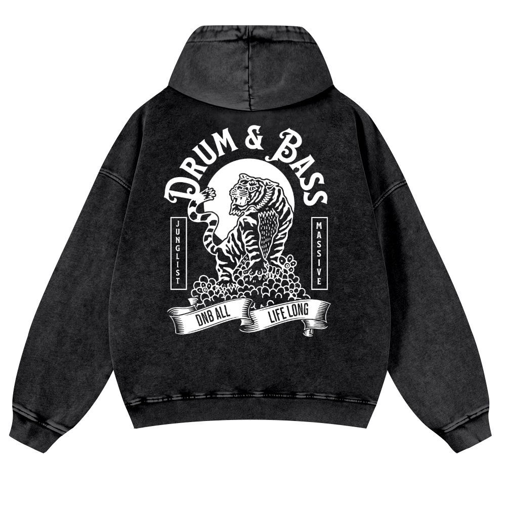 Drum & Bass Tiger Vintage Washed Cotton Back Art Hoodie