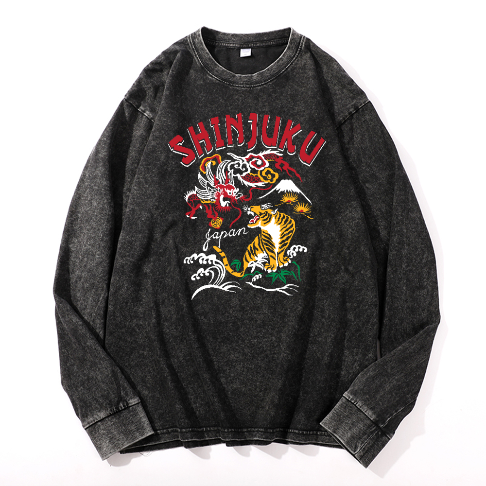Shinjuku Tiger Vintage Cotton Wash Crewneck Long-Sleeve T-Shirt