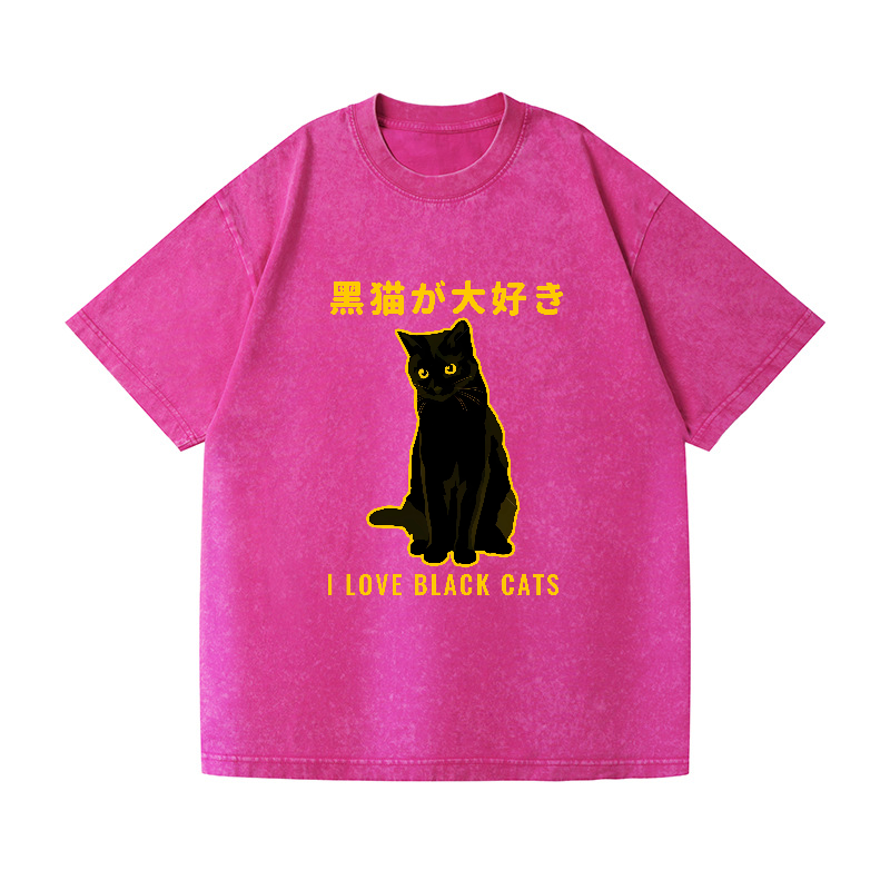 Black Cat Vintage Wash Japanese Design T-Shirt