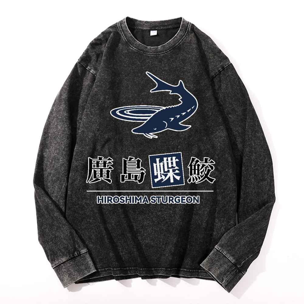 Hiroshima Sturgeon Fish Vintage Cotton Wash Crewneck Long-Sleeve T-Shirt