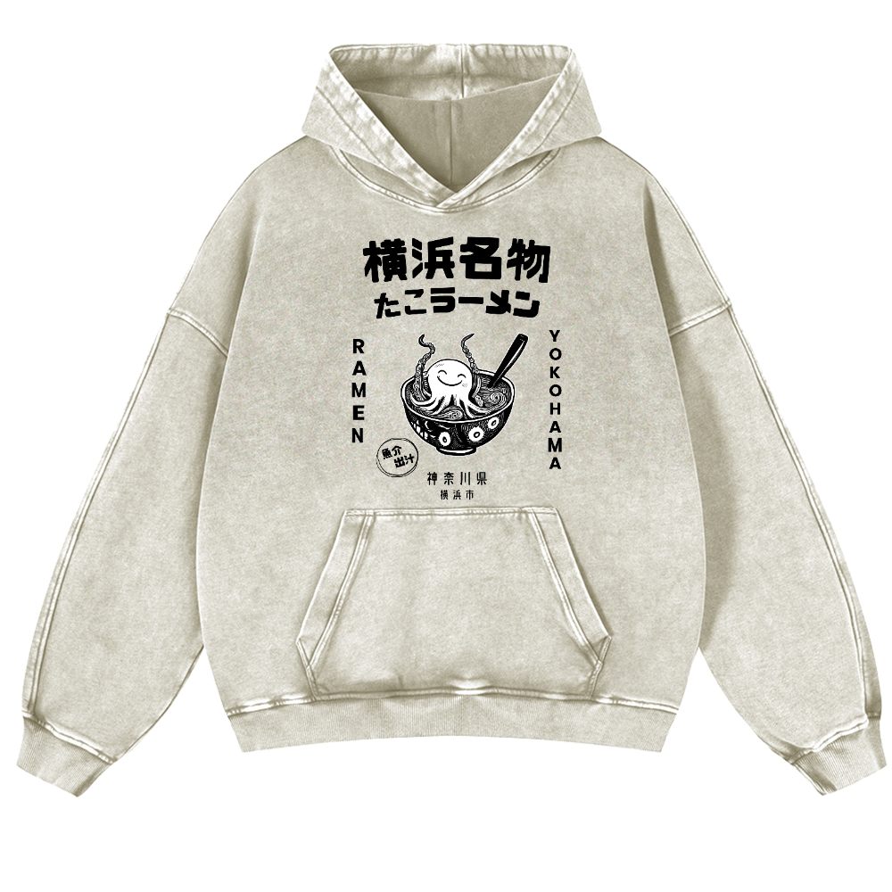 Yokohama Ramen Octopus Vintage Washed Thick Cotton Hoodie