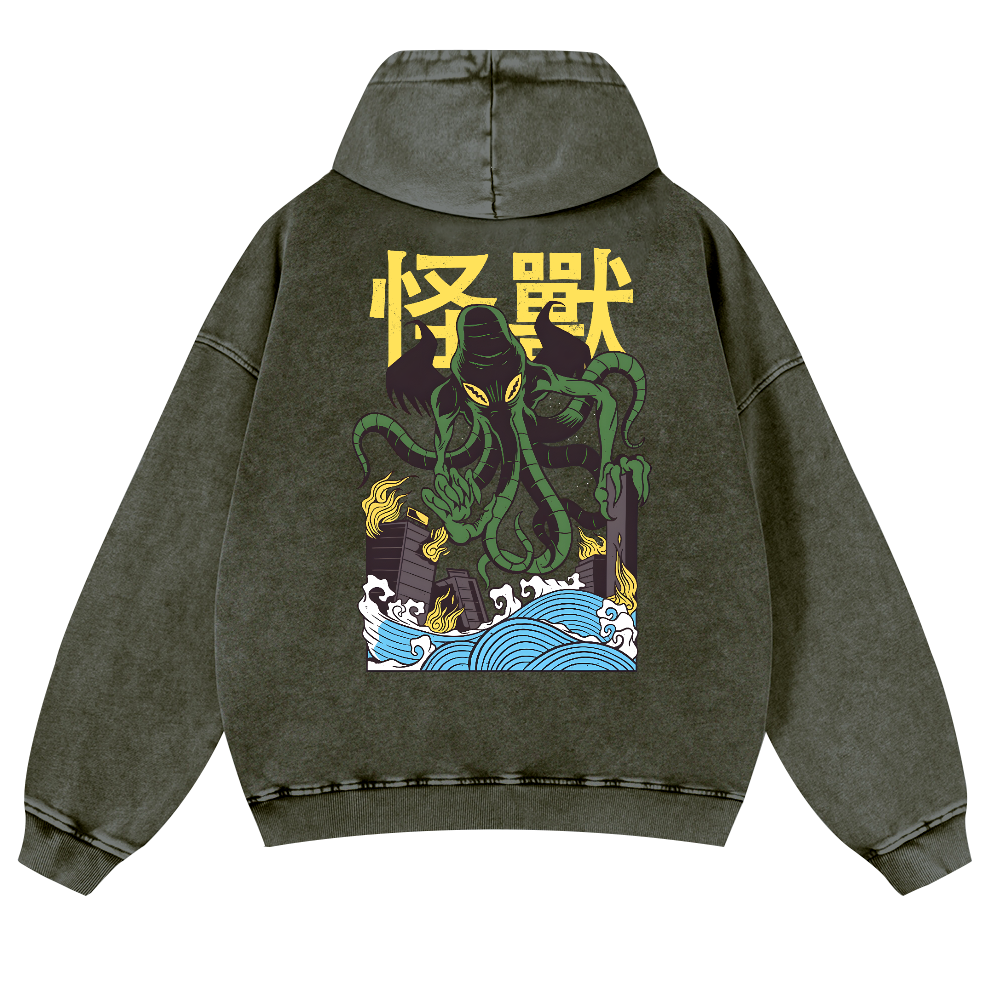 Octopus Monster Vintage Washed Cotton Back Art Hoodie
