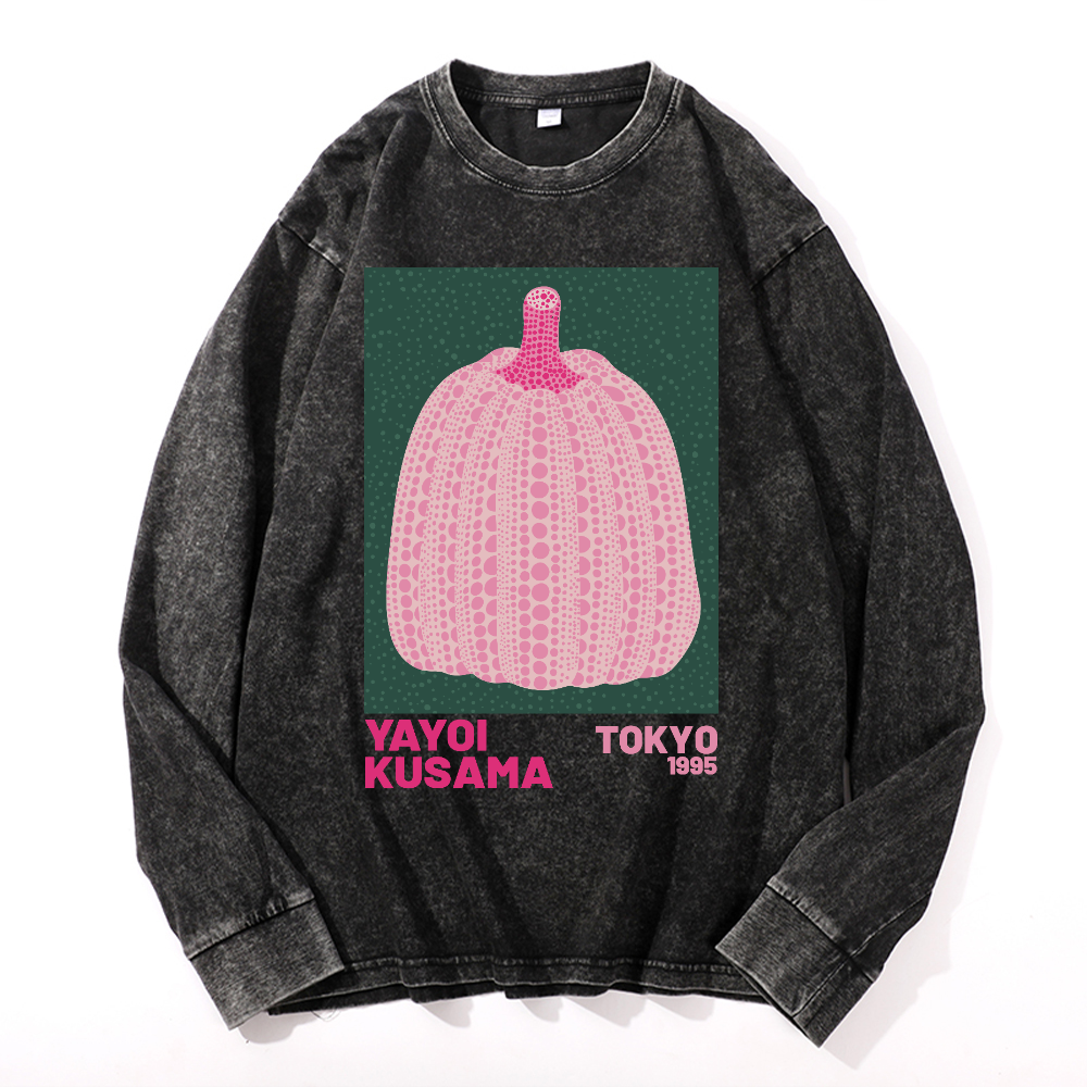 Yayoi Kusama Pumpkin Vintage Cotton Wash Crewneck Long-Sleeve T-Shirt