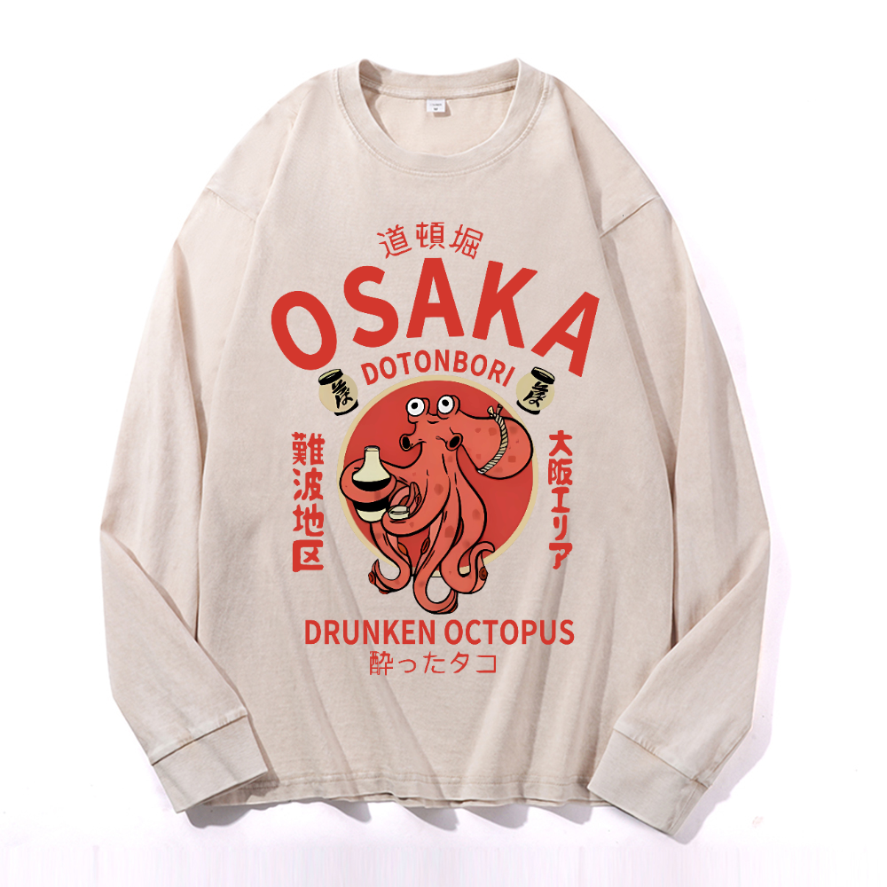 Osaka Dotonbori Drunken Octopus Vintage Cotton Wash Crewneck Long-Sleeve T-Shirt