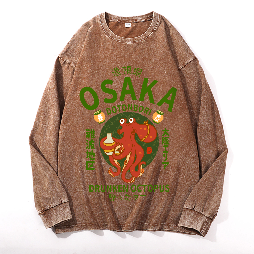 Osaka Dotonbori Drunken Octopus Vintage Cotton Wash Crewneck Long-Sleeve T-Shirt