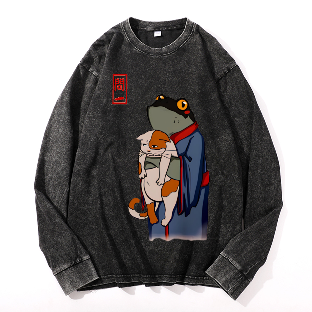 Frog Cat Vintage Cotton Wash Crewneck Long-Sleeve T-Shirt