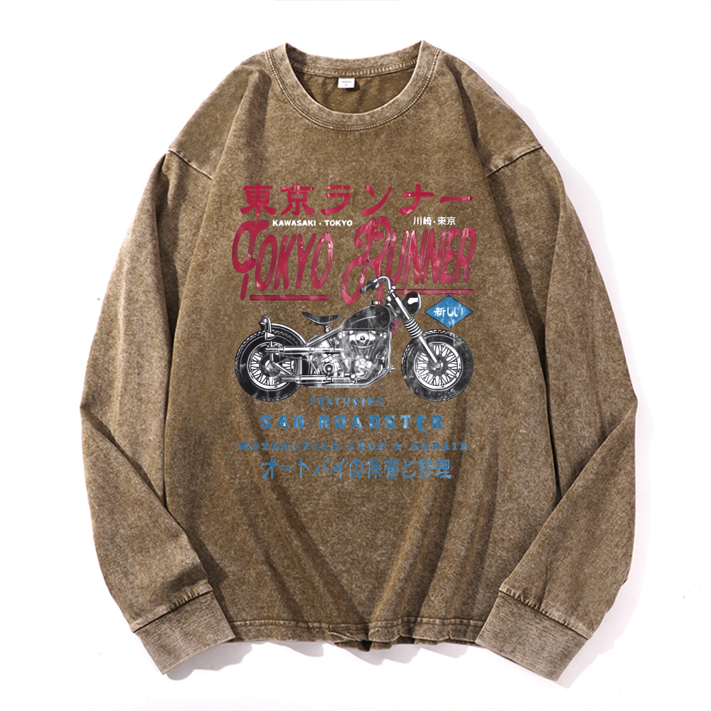 Tokyo Kawasaki S40 Repair Vintage Cotton Wash Crewneck Long-Sleeve T-Shirt