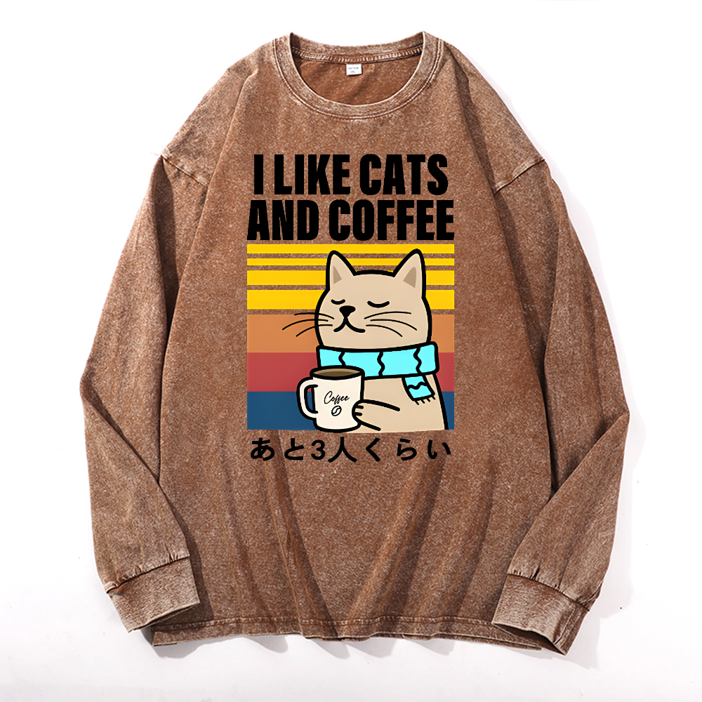 Cat Coffee Vintage Cotton Wash Long-sleeve T-shirt