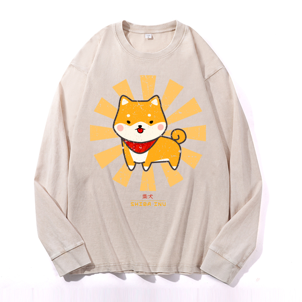 Shiba Inu Vintage Cotton Wash Crewneck Long-Sleeve T-Shirt