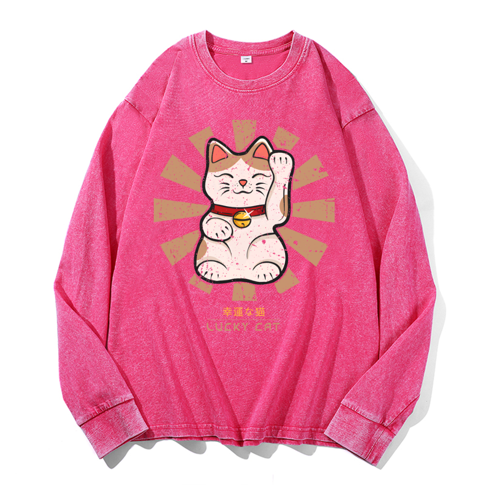Lucky Cat Vintage Cotton Wash Crewneck Long-Sleeve T-Shirt
