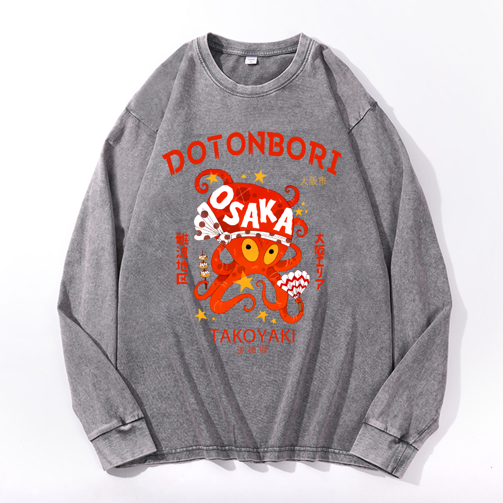 Dotonbori Takoyaki Vintage Cotton Wash Crewneck Long-Sleeve T-Shirt