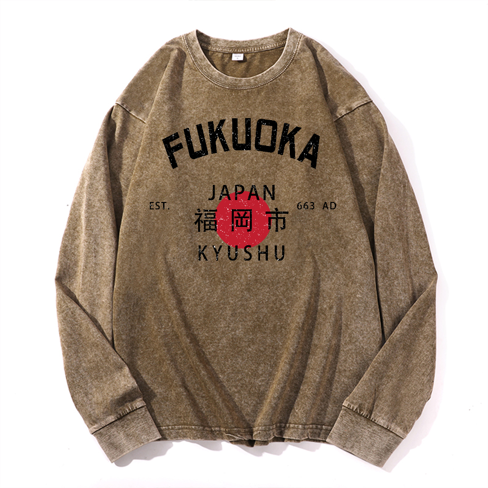 Fukuoka Vintage Cotton Wash Crewneck Long-Sleeve T-Shirt
