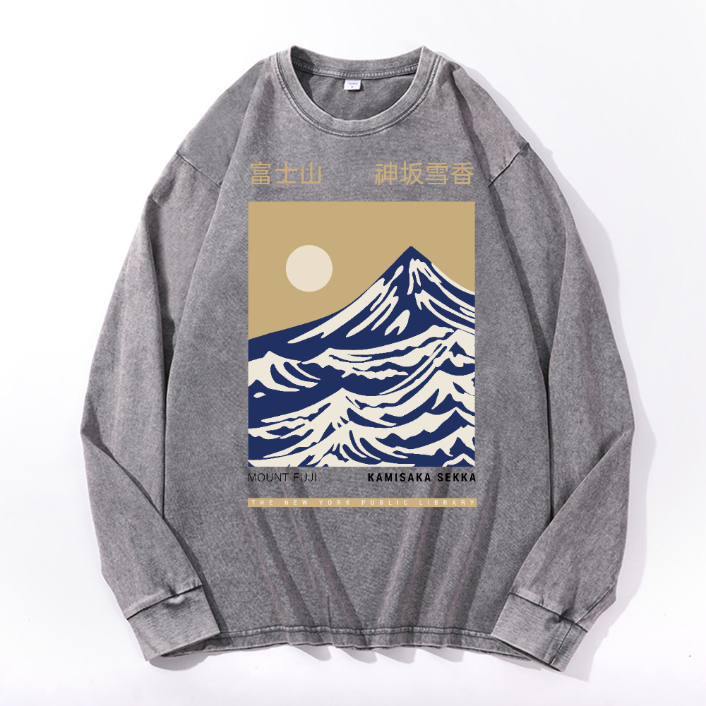 Mount Fuji Vintage Cotton Wash Crewneck Long-Sleeve T-Shirt