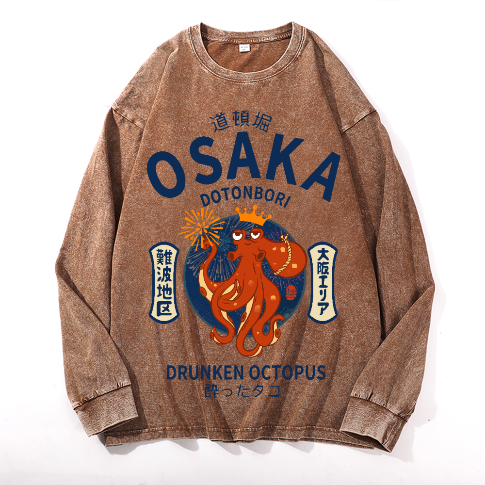 Osaka Dotonbori Drunken Octopus Vintage Cotton Wash Crewneck Long-Sleeve T-Shirt