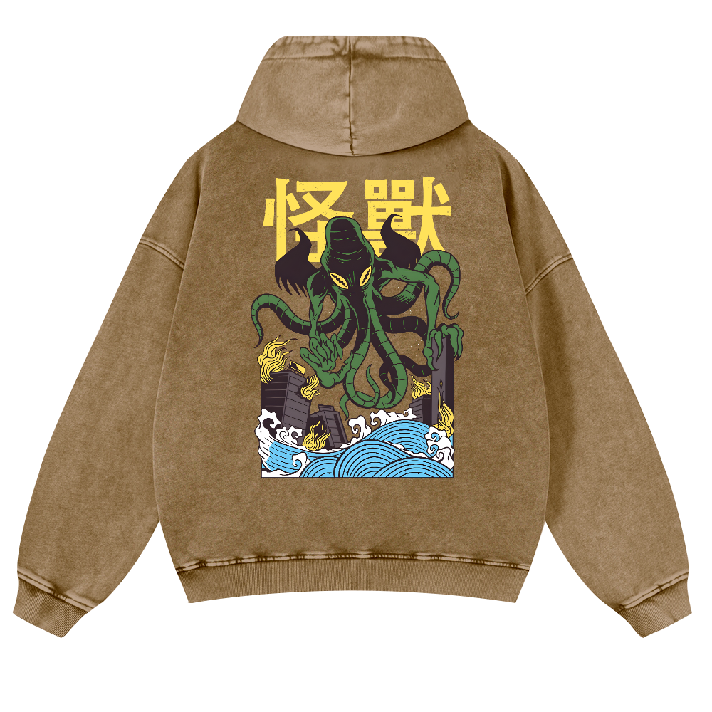 Octopus Monster Vintage Washed Cotton Back Art Hoodie