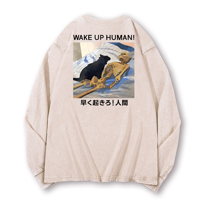 Wake Up Human Vintage Washed Cotton Back Art Long-sleeve T-shirt