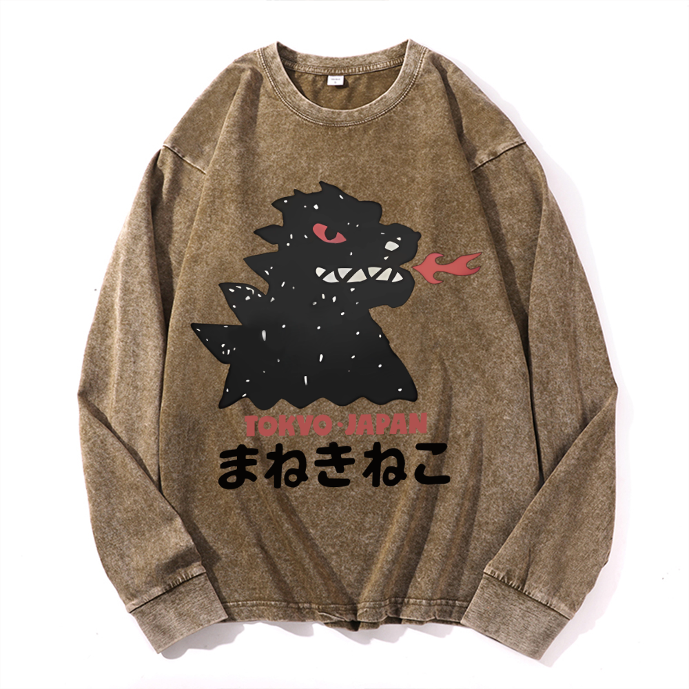 Kaiju Vintage Cotton Wash Crewneck Long-Sleeve T-Shirt