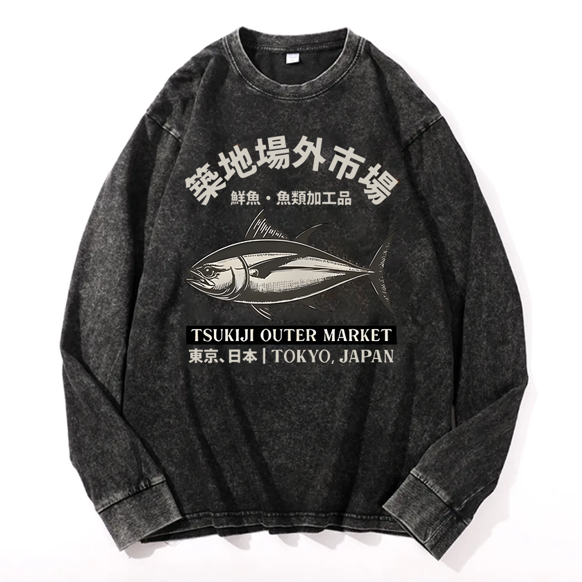 Tsukiji Outer Market Vintage Cotton Wash Crewneck Long-Sleeve T-Shirt