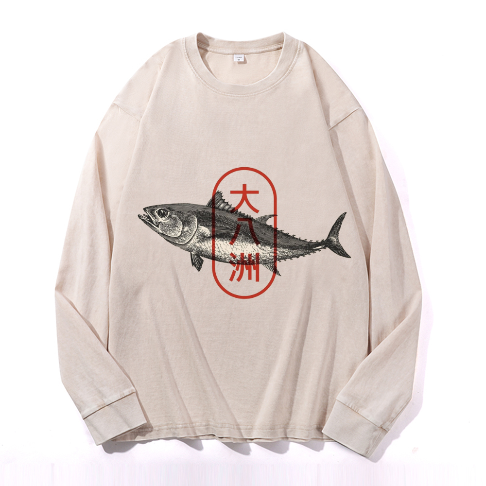 Great Eight Islands of Japan Vintage Cotton Wash Crewneck Long-Sleeve T-Shirt
