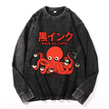 Octopus Coffee Vintage Cotton Wash Crewneck Long-Sleeve T-Shirt