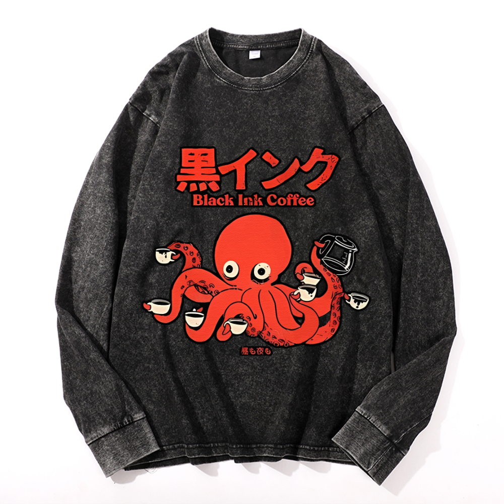 Octopus Coffee Vintage Cotton Wash Crewneck Long-Sleeve T-Shirt
