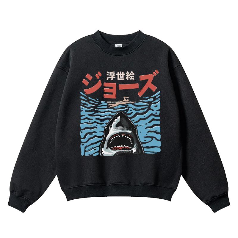 Ukiyoe Jaws Shark Vintage Cotton Blend Crewneck Sweatshirt