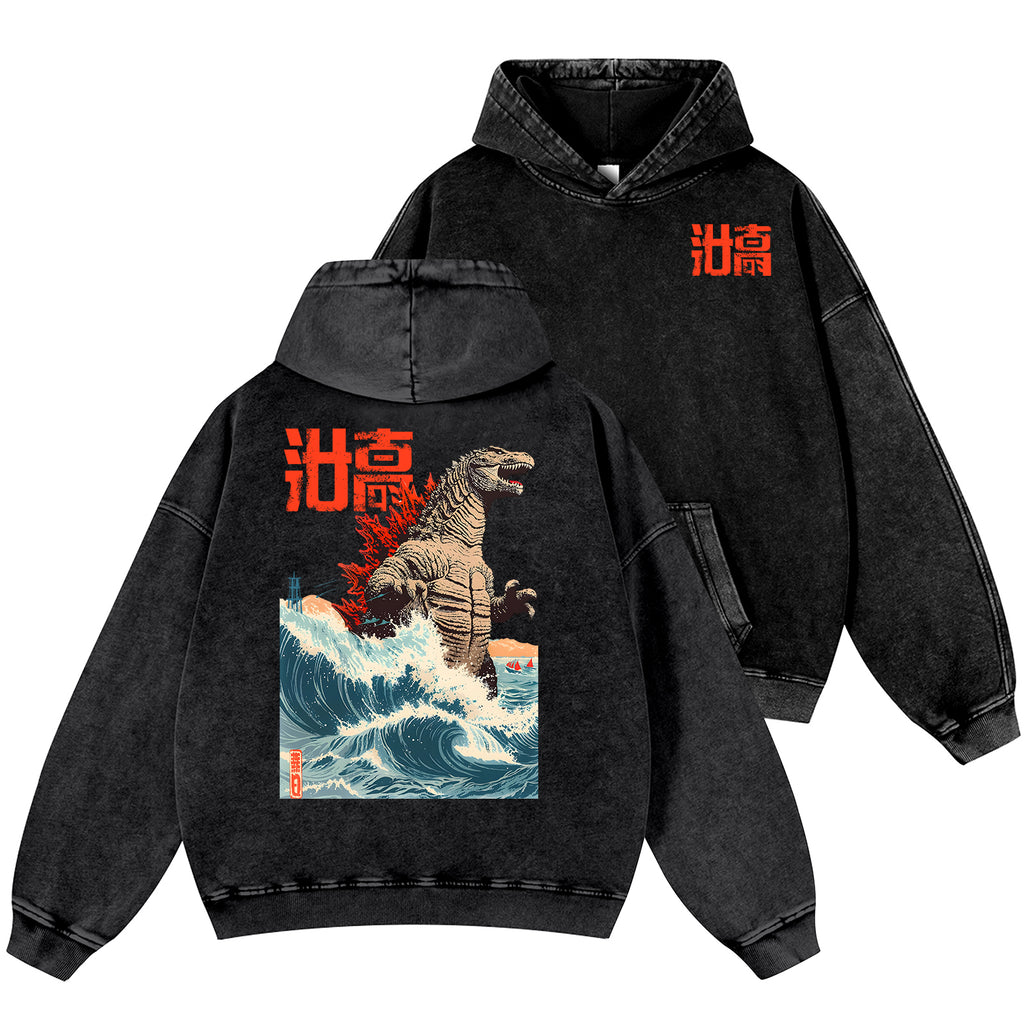Kaiju Wave Vintage Washed Cotton Back Art Hoodie