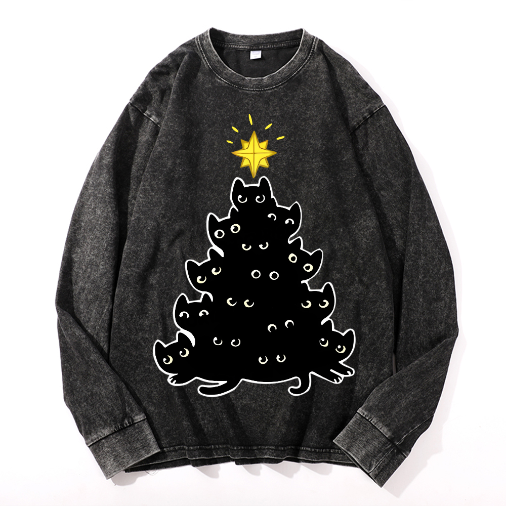Cat Vintage Cotton Wash Crewneck Long-Sleeve T-Shirt
