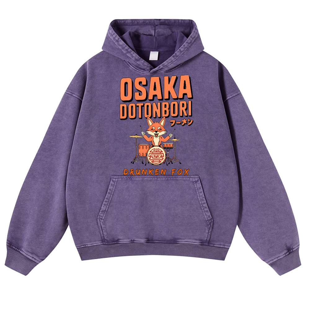 Osaka Dotonbori Drunken Fox Vintage Washed Thick Cotton Hoodie