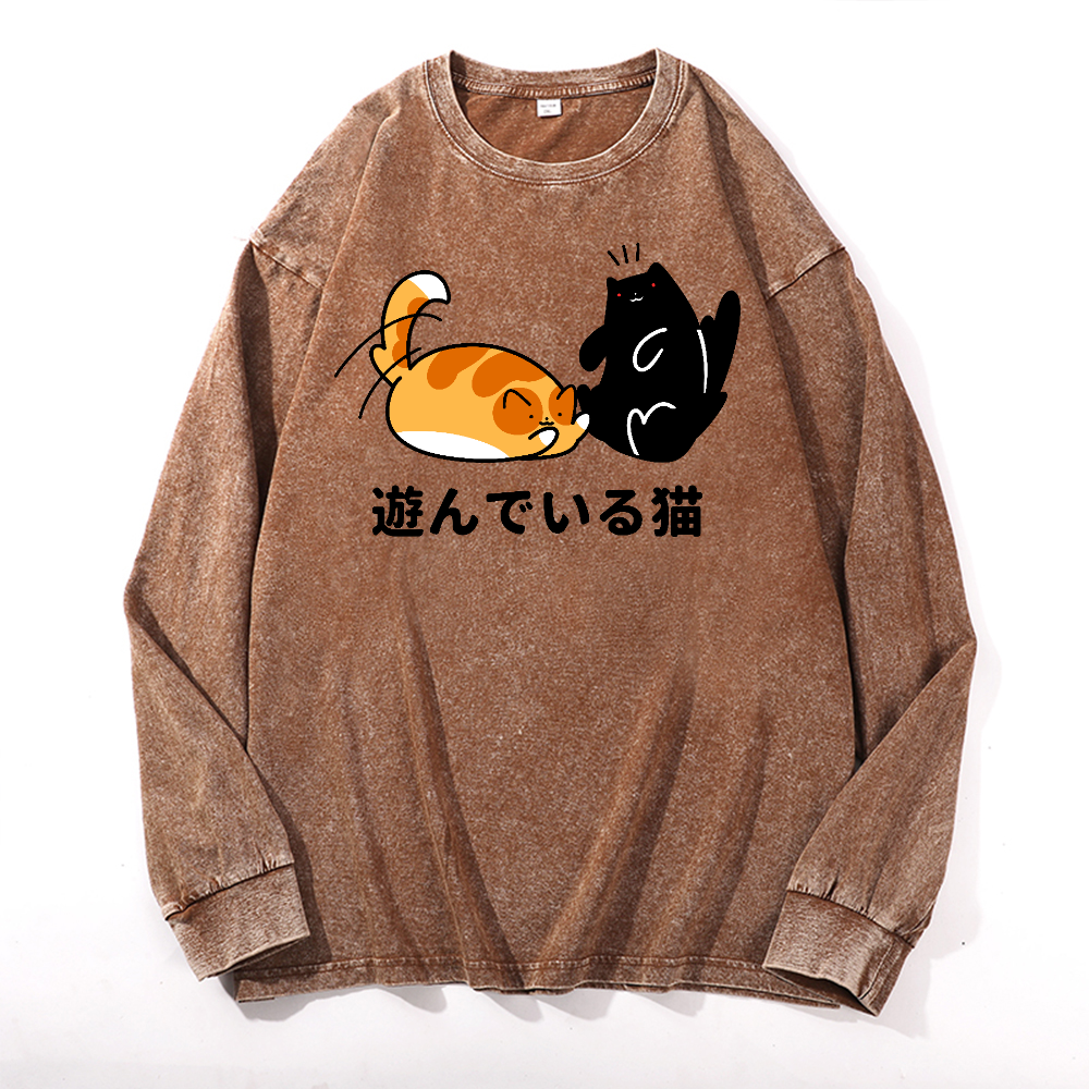 Cat Vintage Cotton Wash Crewneck Long-Sleeve T-Shirt