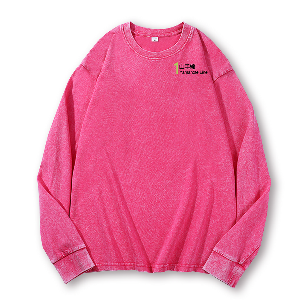 Yamanote Line for Shinjuku & Ikebukuro & Ueno Vintage Washed Cotton Back Art Long-sleeve T-shirt