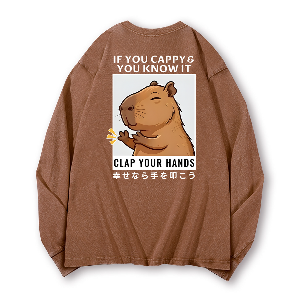 Capybara Vintage Washed Cotton Back Art Long-sleeve T-shirt