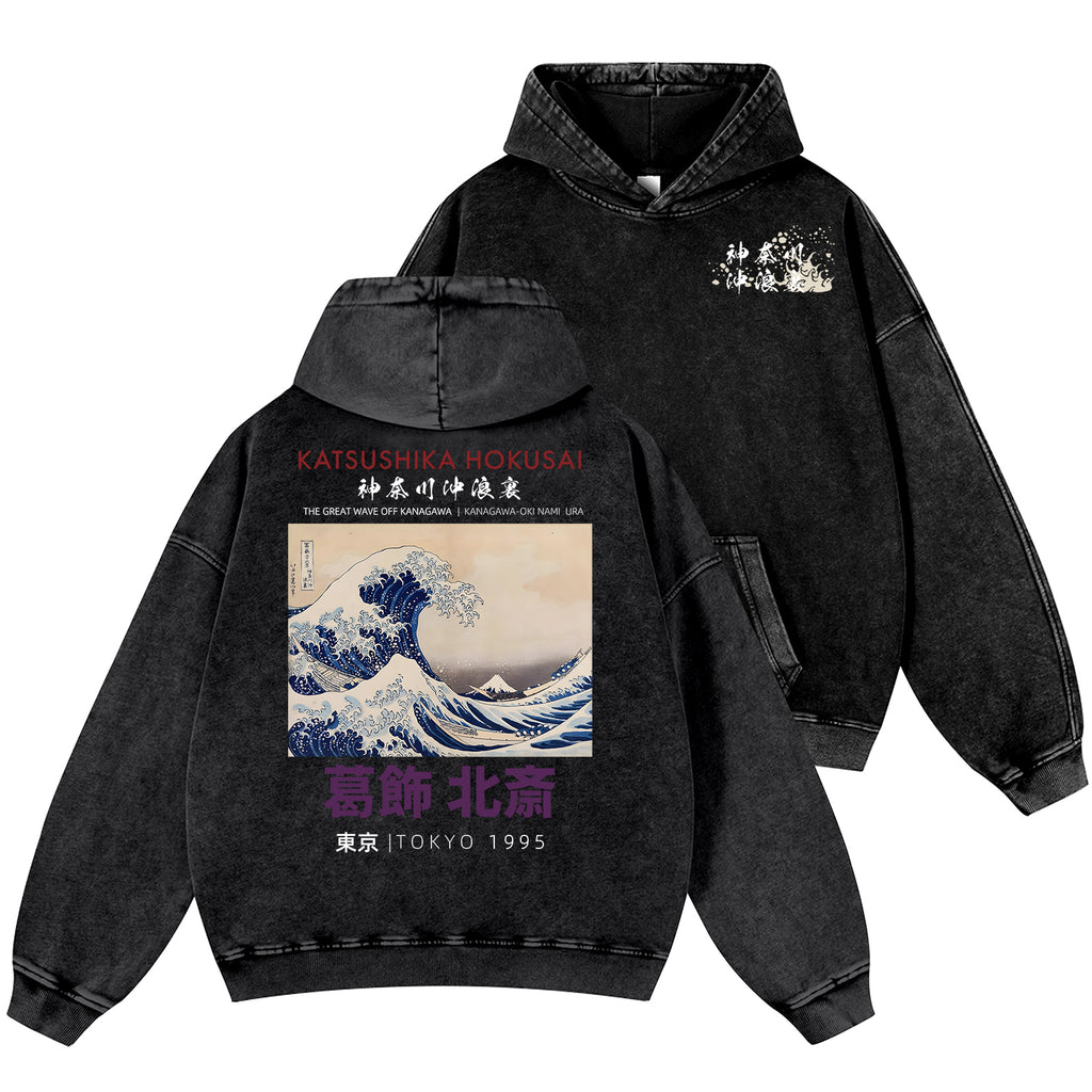 The Great Wave off Kanagawa Katsushika Hokusai Vintage Washed Cotton Back Art Hoodie