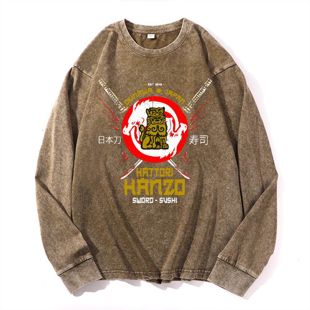Okinawa Hattori Hanzo Komainu Vintage Cotton Wash Crewneck Long-Sleeve T-Shirt