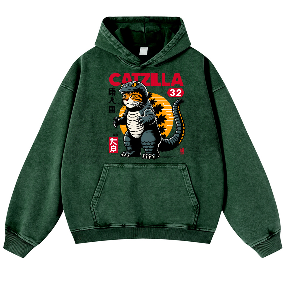 Catzilla Cat Kaiju Vintage Washed Thick Cotton Hoodie