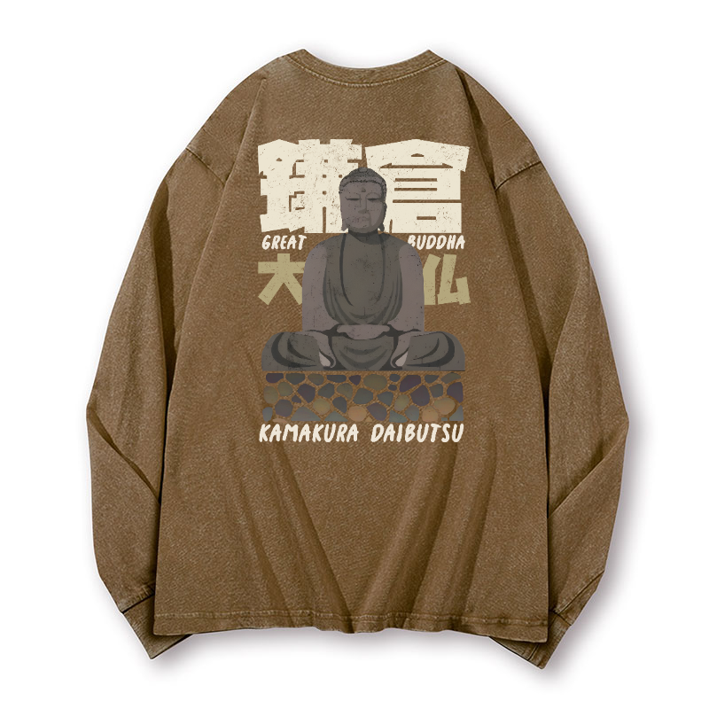 Buddhism Kamakura Daibutsu Great Buddha Vintage Washed Cotton Back Art Long-sleeve T-shirt