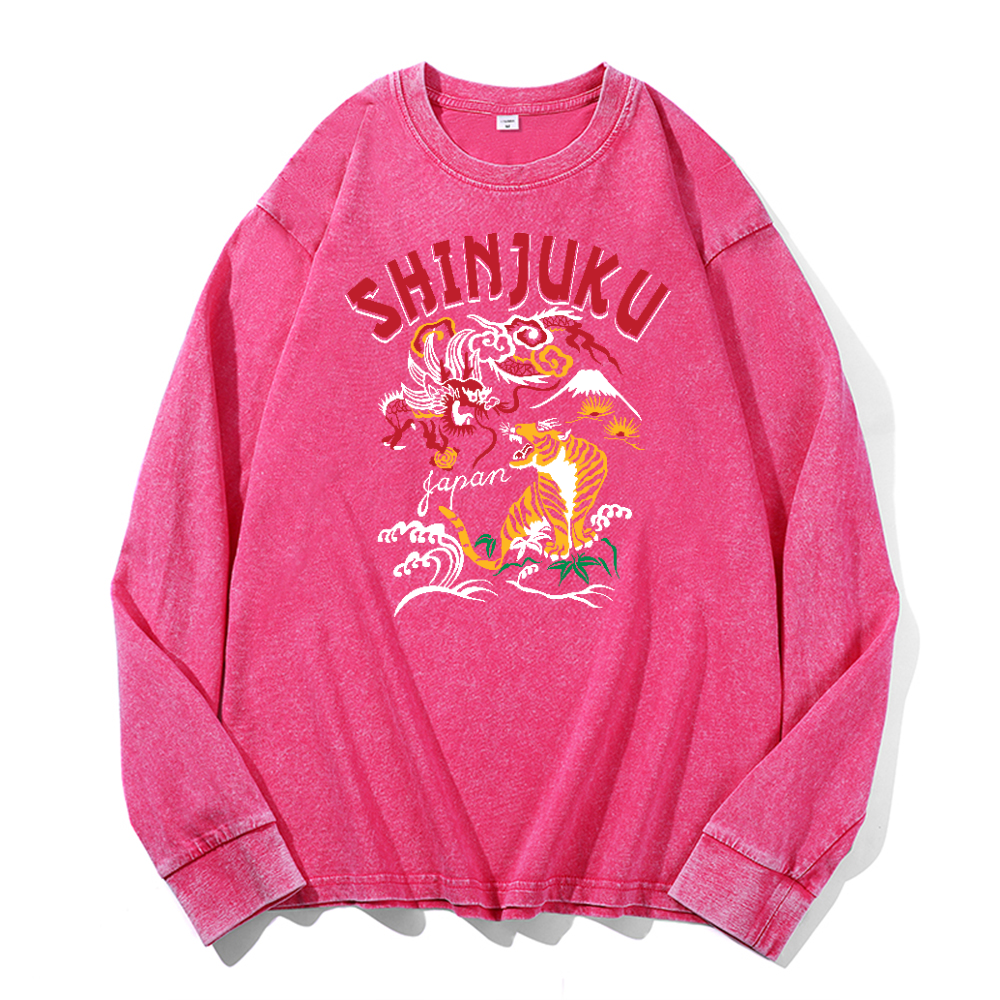 Shinjuku Tiger Vintage Cotton Wash Crewneck Long-Sleeve T-Shirt