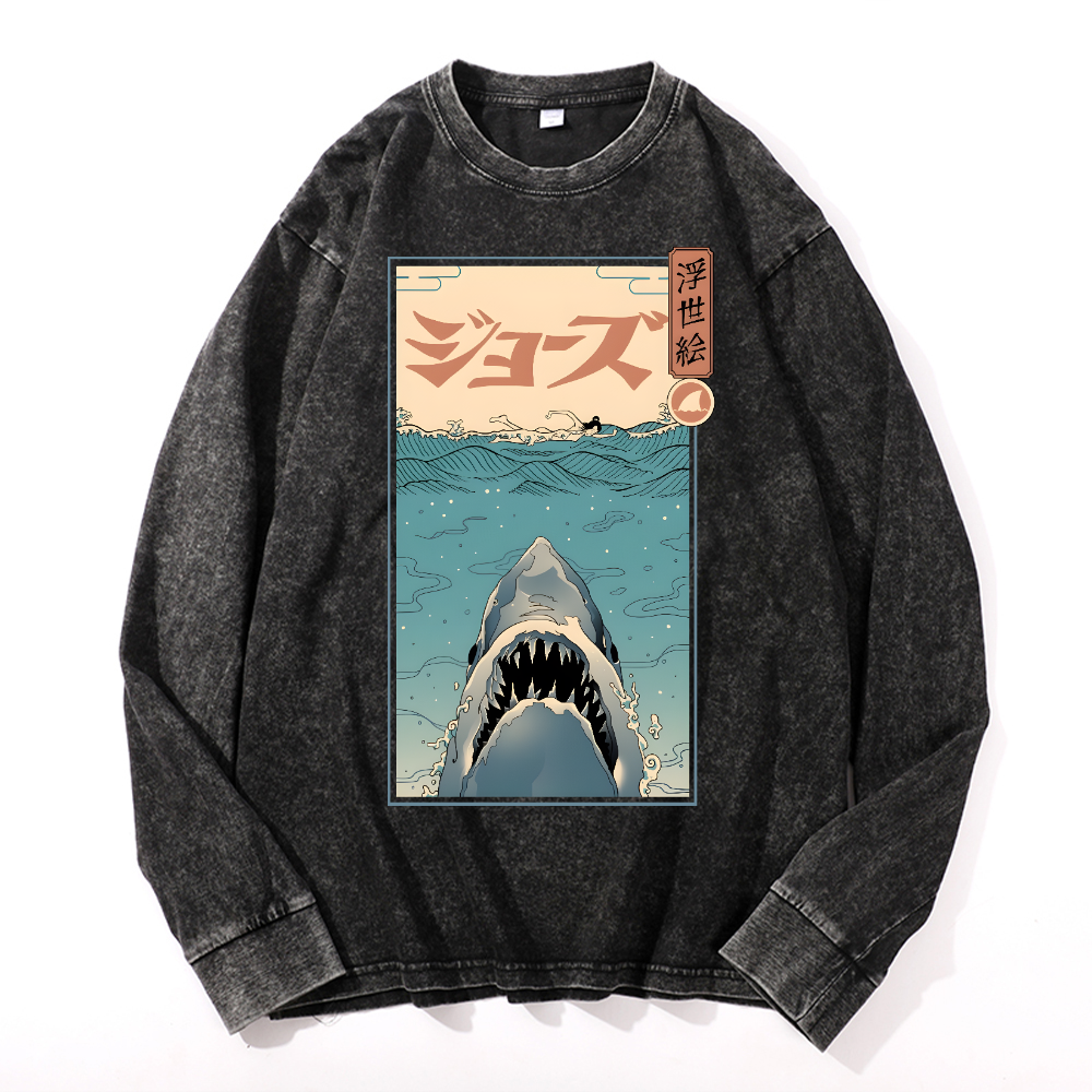 Jaws Vintage Cotton Wash Crewneck Long-Sleeve T-Shirt