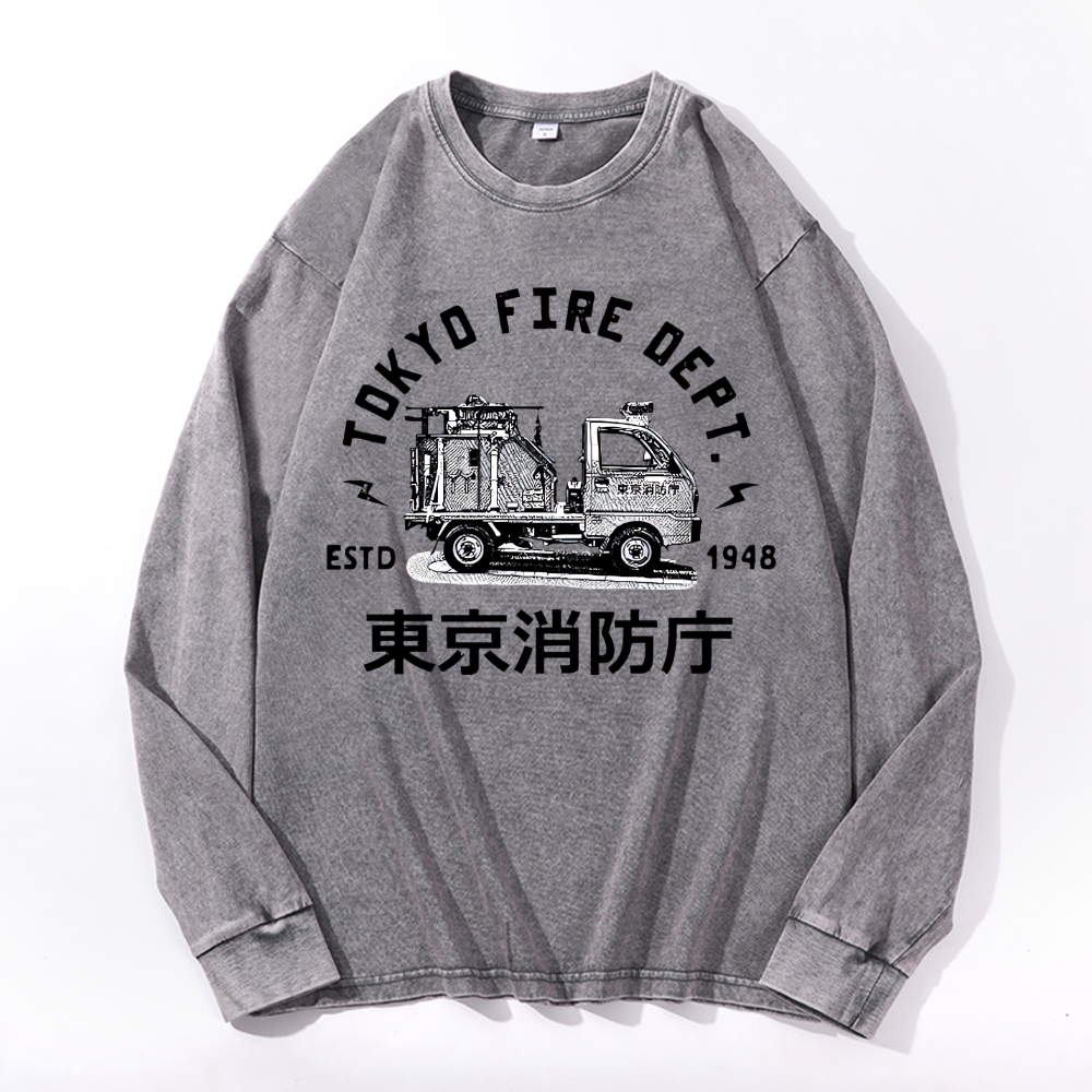 Mini Fire Truck Vintage Cotton Wash Long-sleeve T-shirt