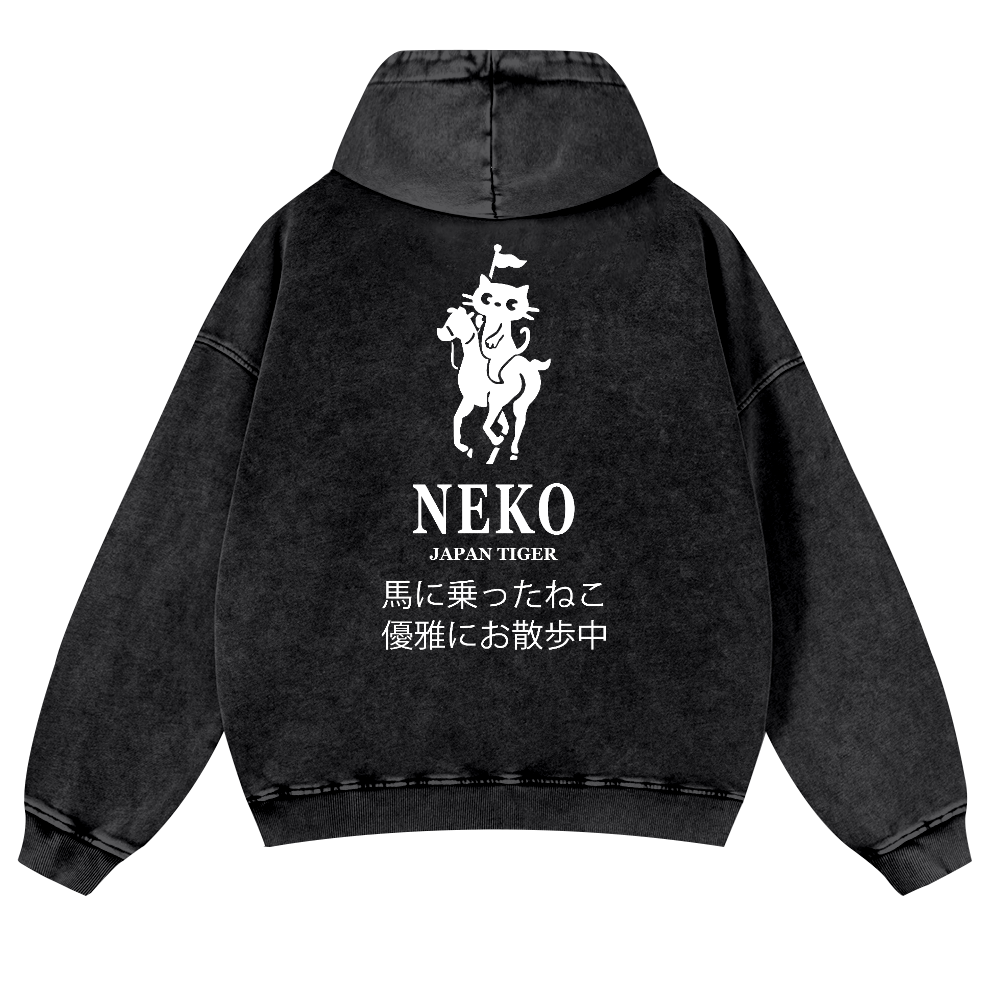 Neko Cat Vintage Washed Cotton Back Art Hoodie