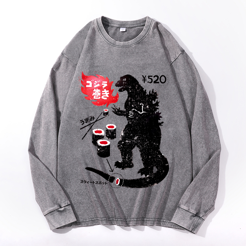 Kaiju Sushi Vintage Cotton Wash Crewneck Long-Sleeve T-Shirt