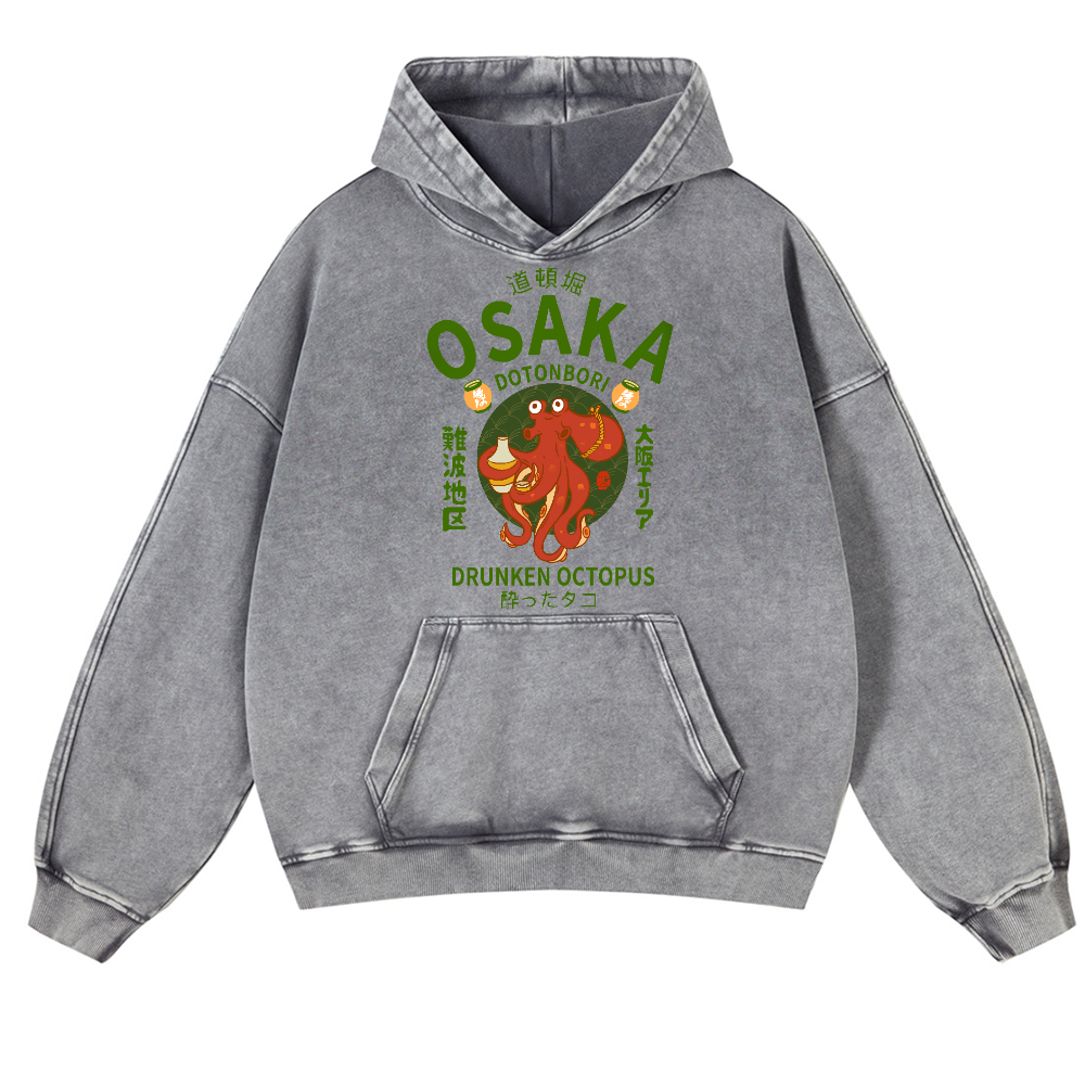 Osaka Dotonbori Drunken Octopus Vintage Washed Thick Cotton Hoodie