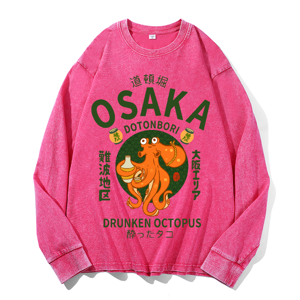 Osaka Dotonbori Drunken Octopus Vintage Cotton Wash Crewneck Long-Sleeve T-Shirt