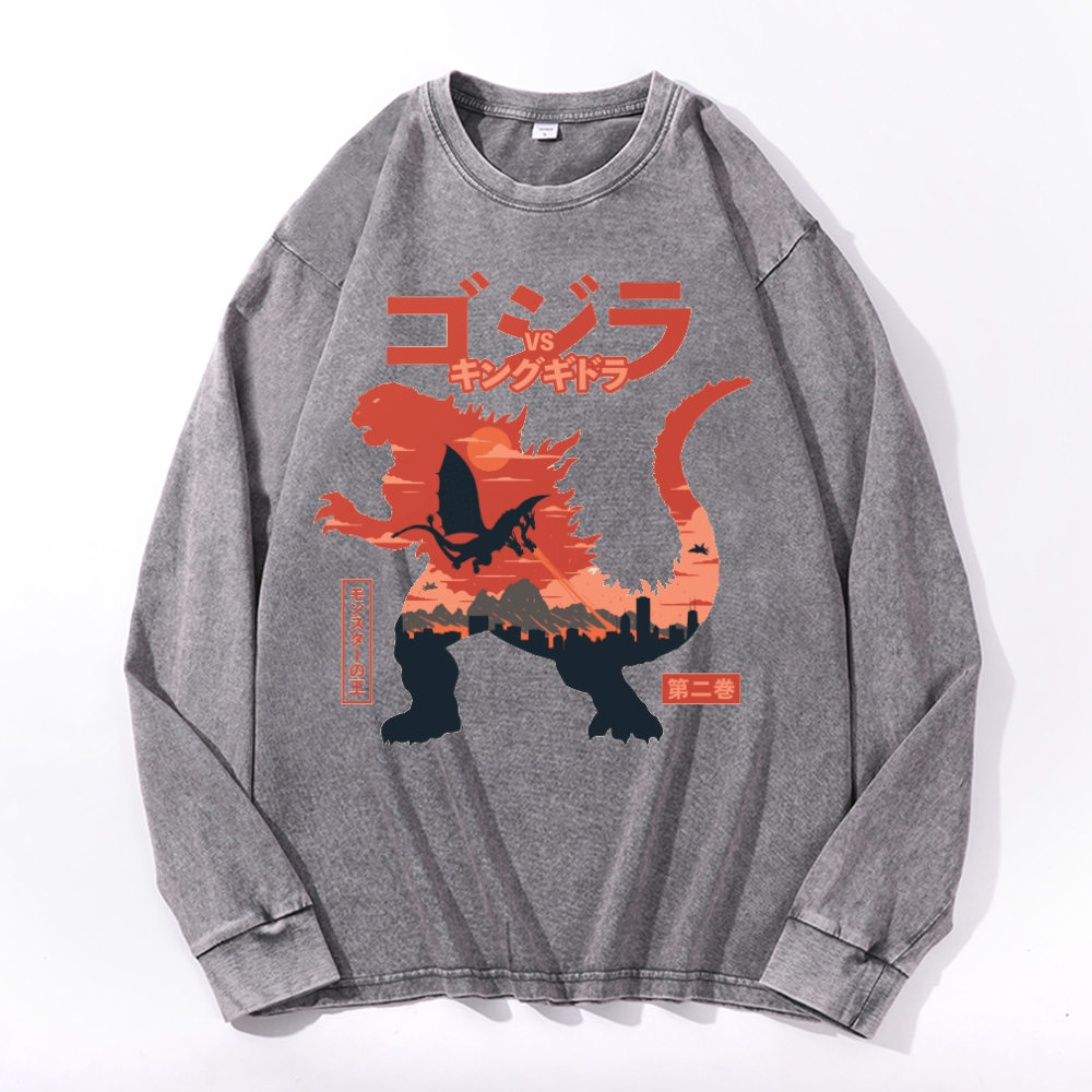 Kaiju vs. King Ghidorah Showdown Vintage Cotton Wash Crewneck Long-Sleeve T-Shirt