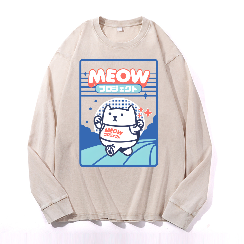 Meow Cat Vintage Cotton Wash Crewneck Long-Sleeve T-Shirt