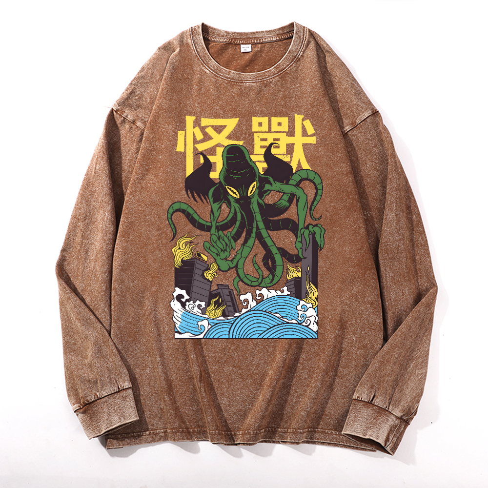 Octopus Monster Vintage Cotton Wash Crewneck Long-Sleeve T-Shirt