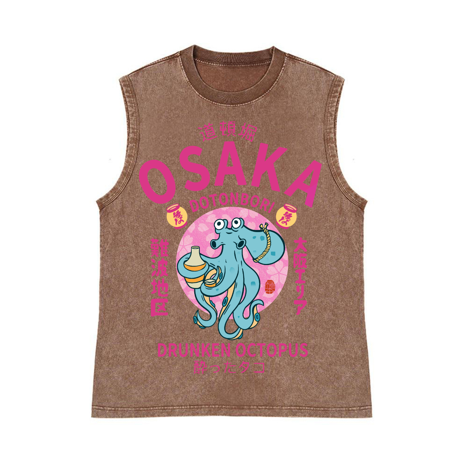 Osaka Dotonbori Drunken Octopus Pure Cotton Wash-Dyed Sleeveless Tank Top