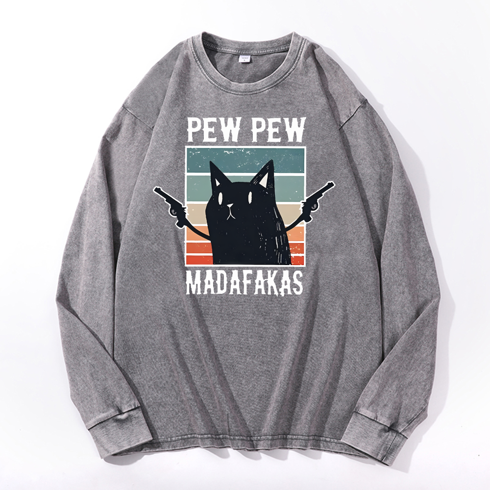 Cat Vintage Cotton Wash Crewneck Long-Sleeve T-Shirt