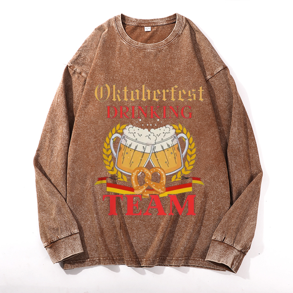 Oktoberfest Drinking Team Vintage Cotton Wash Crewneck Long-Sleeve T-Shirt