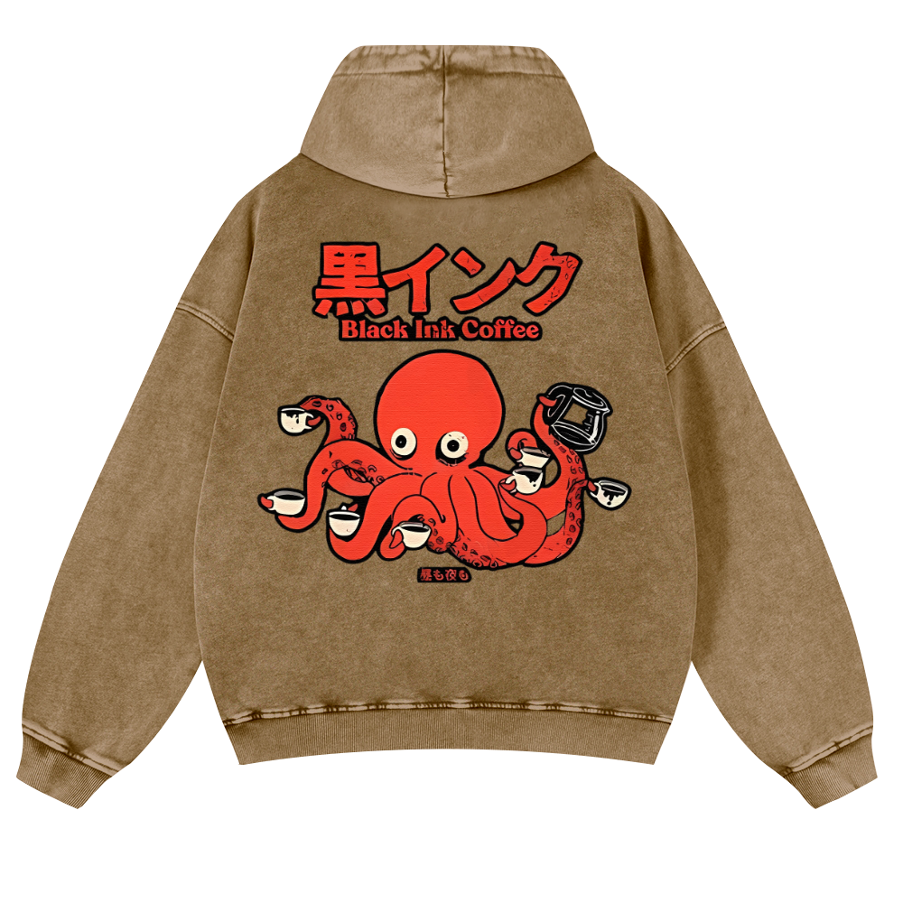 Black Ink Coffee Octopus Vintage Washed Cotton Back Art Hoodie